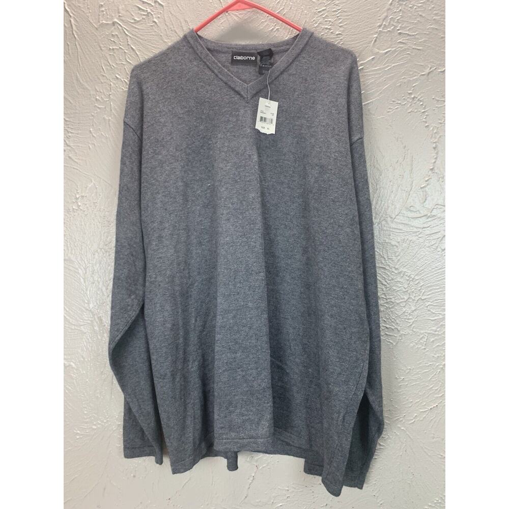 NWT Claiborne Gray V-Neck Pullover Lightweight Long Sleeve Sweater Size XL